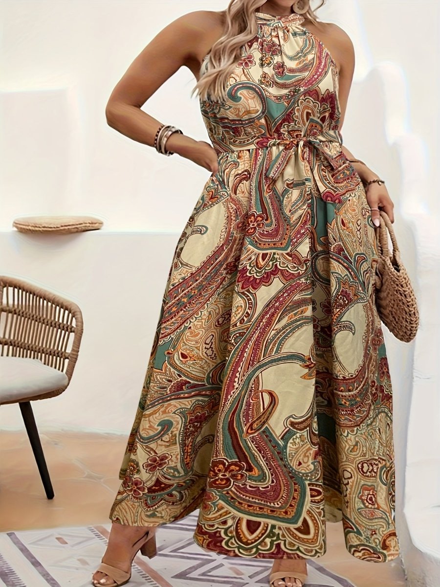 Plus Size Paisley Print Halter Neck Dress - Cinched Waist Sleeveless Vacation Dress for Spring & Summer - Free Delivery Worldwide only at Flexi Africa