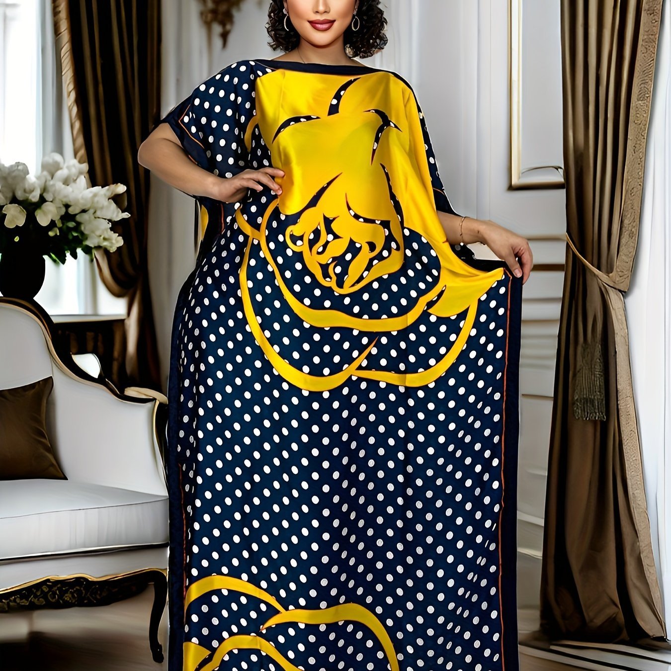 Plus Size Polka Dot Print Kaftan Dress, Modest Crew Neck Short Sleeve Maxi Dress - Flexi Africa - Free Delivery Worldwide only at www.flexiafrica.com