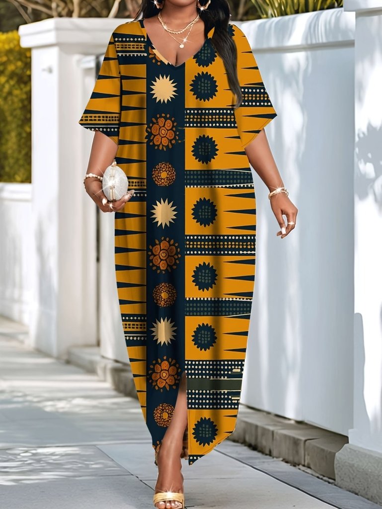 Plus Size V - Neck African Print Maxi Dress – Short Sleeve Design - Free Delivery Worldwide only at Flexi Africa