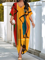 Plus Size, Women's African Tribal Dress - Boho Sheath Gown with African Motifs & Cultural Heritage Patterns, Fitted Round Neck Dress - Free Delivery Worldwide only at Flexi Africa