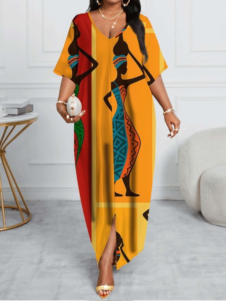 Plus Size, Women's African Tribal Dress - Boho Sheath Gown with African Motifs & Cultural Heritage Patterns, Fitted Round Neck Dress - Free Delivery Worldwide only at Flexi Africa