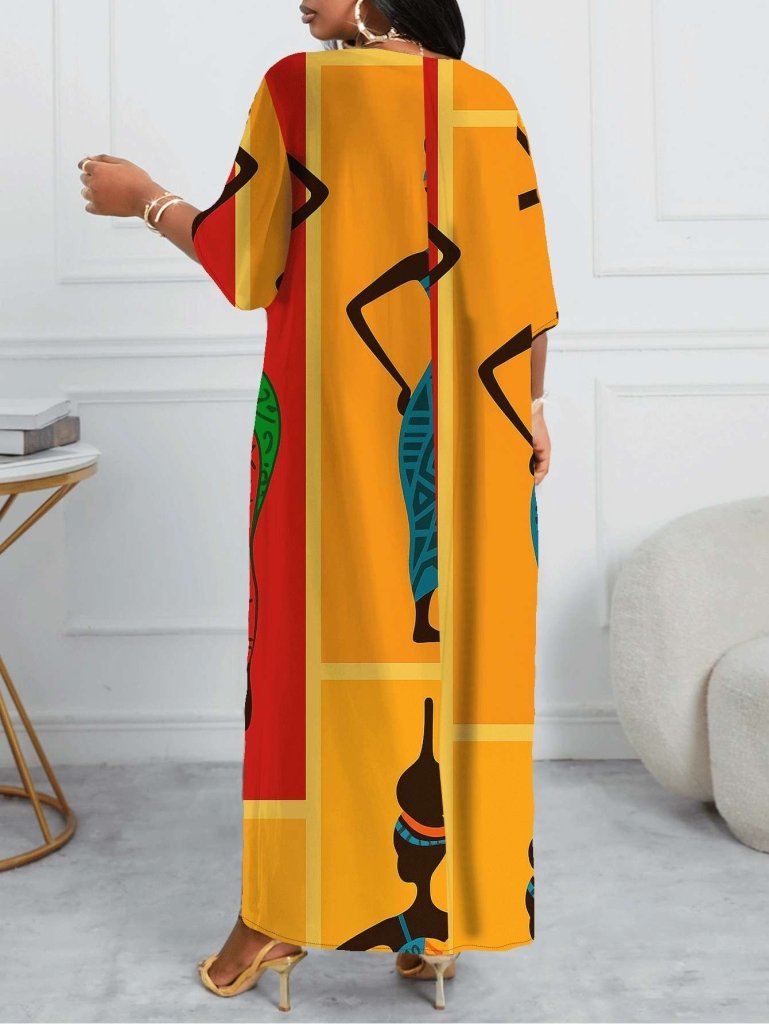 Plus Size, Women's African Tribal Dress - Boho Sheath Gown with African Motifs & Cultural Heritage Patterns, Fitted Round Neck Dress - Free Delivery Worldwide only at Flexi Africa