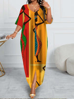 Plus Size, Women's African Tribal Dress - Boho Sheath Gown with African Motifs & Cultural Heritage Patterns, Fitted Round Neck Dress - Free Delivery Worldwide only at Flexi Africa