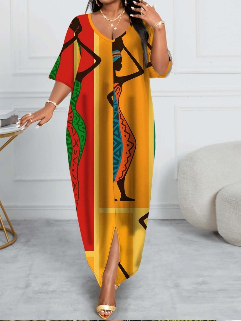 Plus Size, Women's African Tribal Dress - Boho Sheath Gown with African Motifs & Cultural Heritage Patterns, Fitted Round Neck Dress - Free Delivery Worldwide only at Flexi Africa