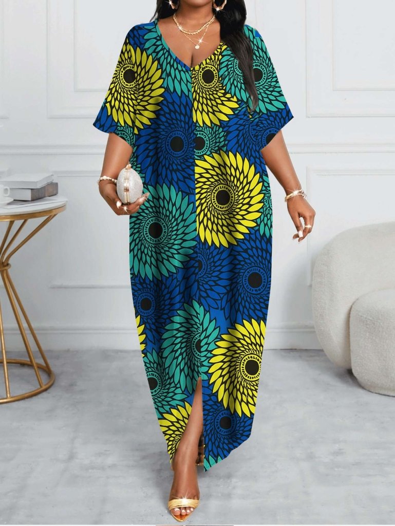 Plus Size Women’s African Wax Print Maxi Dress – A - Line Fitted Gown with Short Sleeves - Free Delivery Worldwide only at Flexi Africa