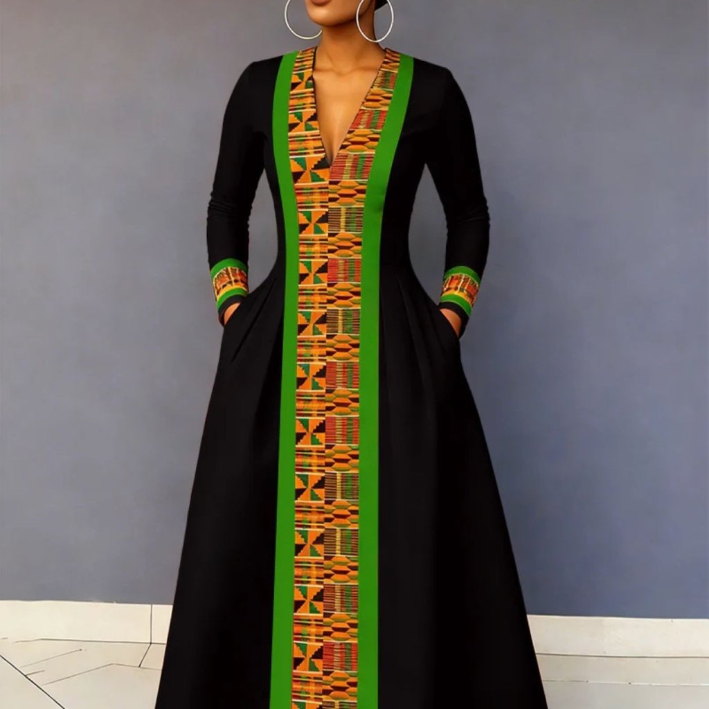 Plus Size Women’s Bohemian V - Neck Hooded Maxi Dress – Long Sleeve A - Line Pullover - Free Delivery Worldwide only at Flexi Africa
