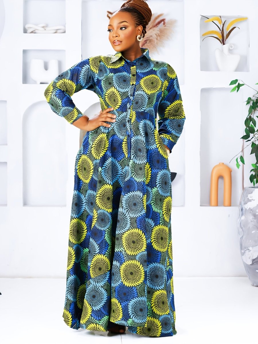 Plus Size Women's Geometric Print Casual Dress - Long Sleeve Collared Design with Button Detail, Spring & Fall - Free Delivery Worldwide only at Flexi Africa