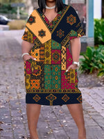 Plus Size Women’s V - Neck Dashiki Dress | Black African Print with Yellow, Green, Red & Orange Accents | Casual & Party Wear - Free Delivery Worldwide only at Flexi Africa