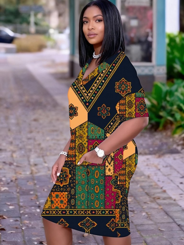 Plus Size Women’s V - Neck Dashiki Dress | Black African Print with Yellow, Green, Red & Orange Accents | Casual & Party Wear - Free Delivery Worldwide only at Flexi Africa