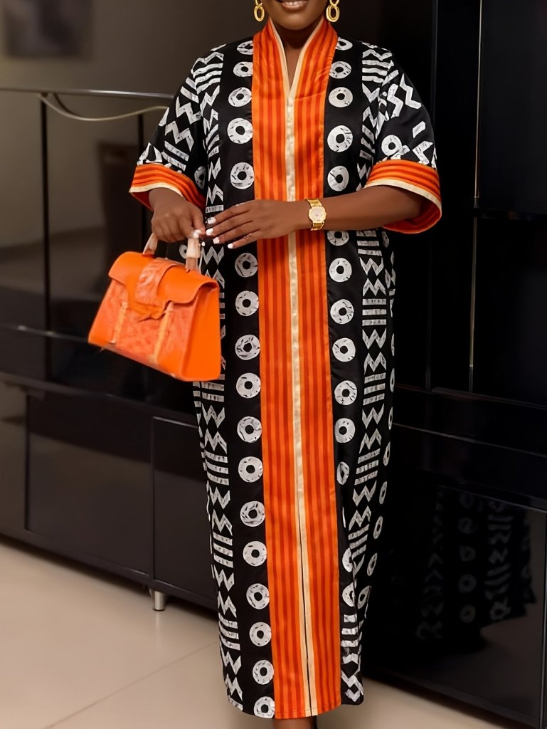 Plus Size Women’s V - Neck Maxi Dress – Bold Letter Print & Orange Geometric Pattern - Free Delivery Worldwide only at Flexi Africa