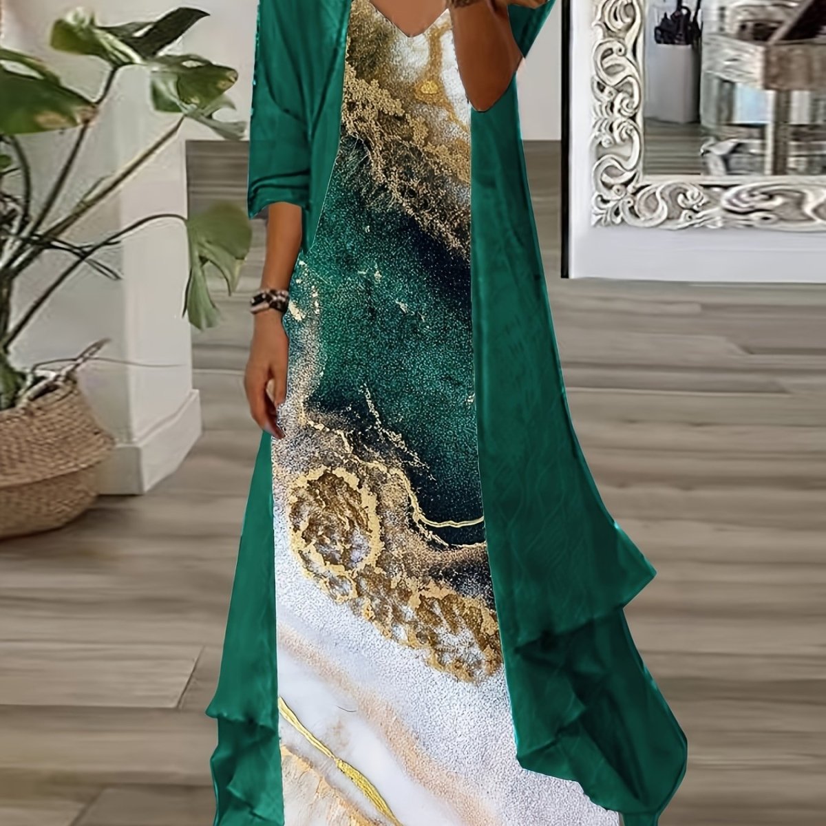 Printed V - 2PC- Women's Suspender Maxi Dress & Long Sleeve Cardigan - Free Delivery Worldwide only at Flexi Africa