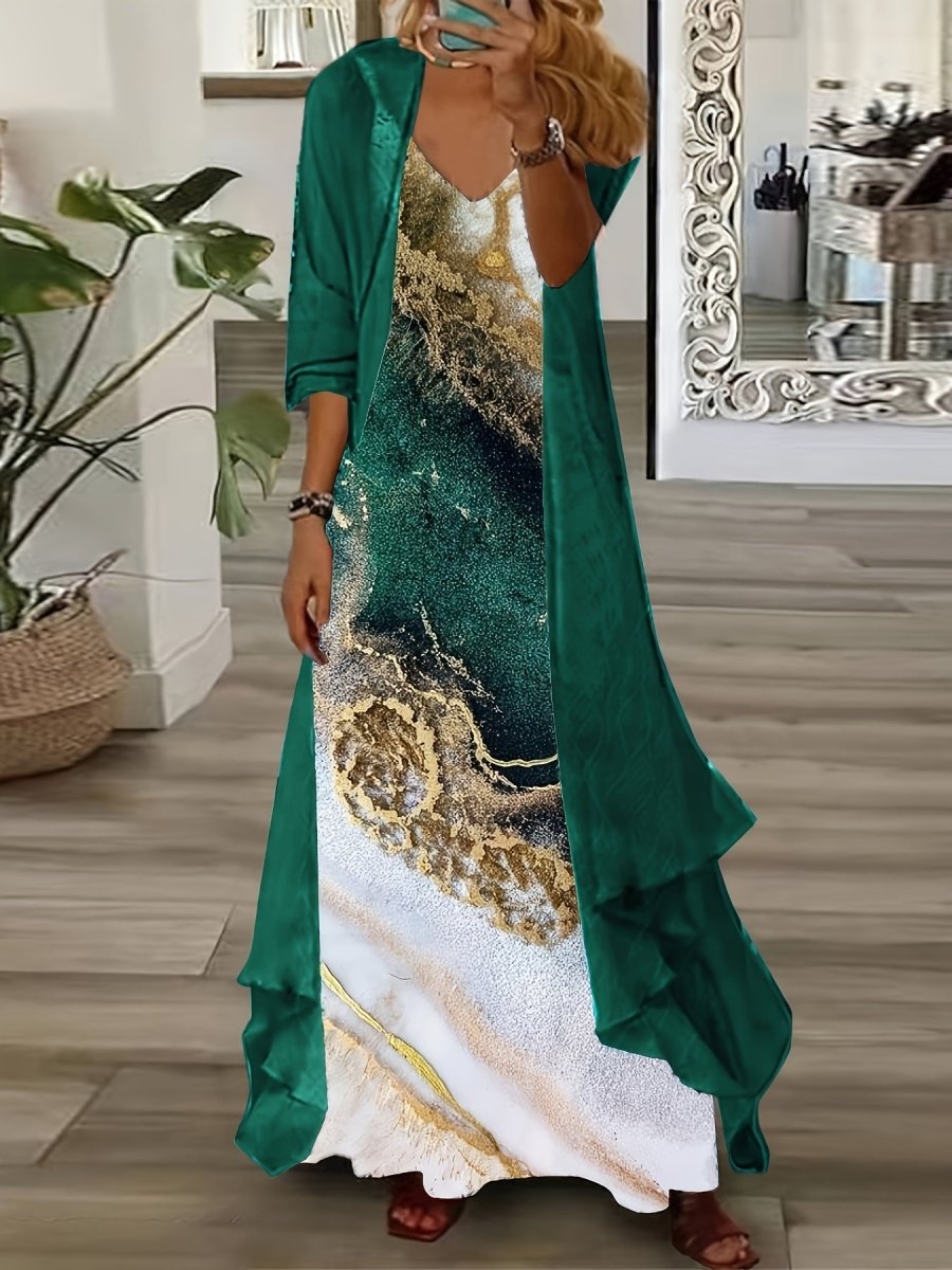 Printed V - 2PC- Women's Suspender Maxi Dress & Long Sleeve Cardigan - Free Delivery Worldwide only at Flexi Africa