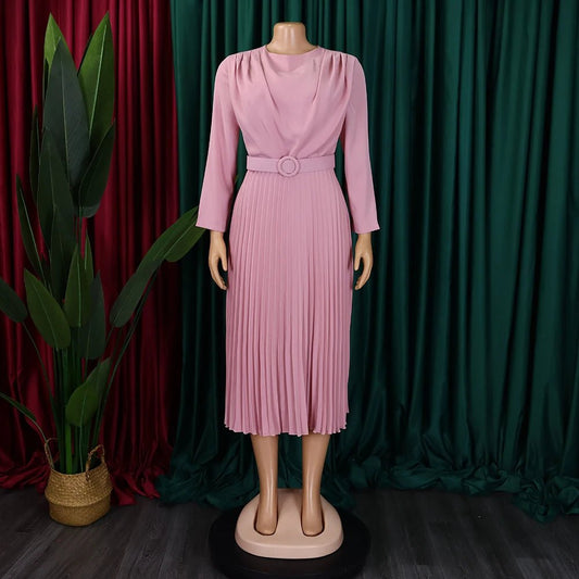 Professional Women's Pleated Dress: Round Neck, Full Sleeves, Belt - Waisted, Mid - Calf Length - Perfect for Formal Business Workwear - Free Delivery Worldwide only at Flexi Africa