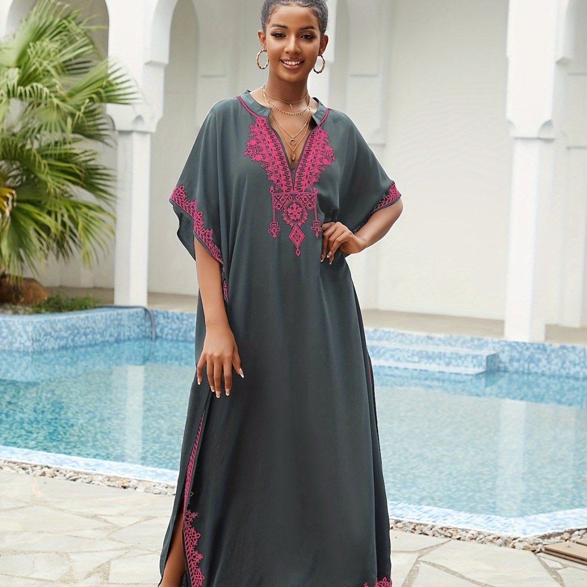 Ramadan Plus Size Boho Kaftan Dress - Golden Embroidered Sleeve Notched Neck Maxi Cover Up Dress - Free Delivery Worldwide