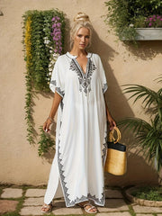 Ramadan Plus Size Boho Kaftan Dress - Golden Embroidered Sleeve Notched Neck Maxi Cover Up Dress - Free Delivery Worldwide