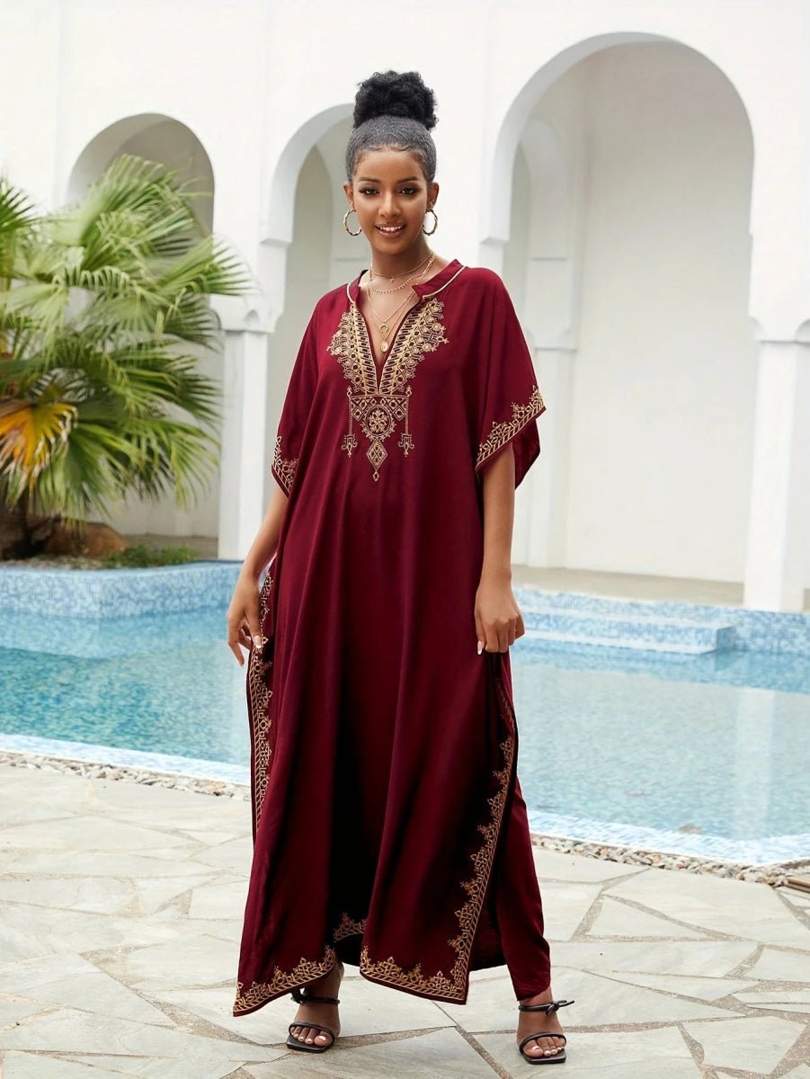 Ramadan Plus Size Boho Kaftan Dress - Golden Embroidered Sleeve Notched Neck Maxi Cover Up Dress - Free Delivery Worldwide