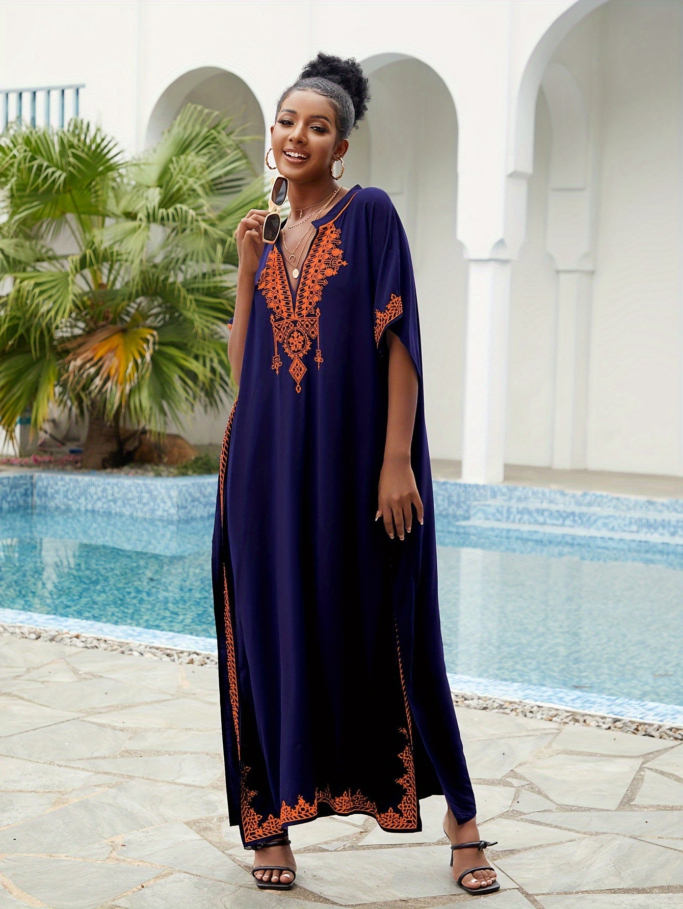 Ramadan Plus Size Boho Kaftan Dress - Golden Embroidered Bat Sleeve Notched Neck Maxi Cover Up Dress - Flexi Africa - Free Delivery Worldwide only at www.flexiafrica.com