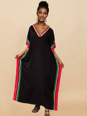 Striped Print V - Neck Batwing Sleeve Cover Up Dress, Side Split Loose Fit Black Elegant Beach Kaftan - Free Delivery Worldwide only at Flexi Africa