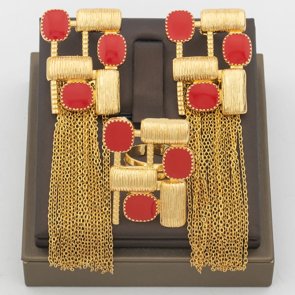 Stunning African-inspired Jewelry Set: Gold-tone Earrings and Ring with Geometric Design and Tassel Accents - Flexi Africa