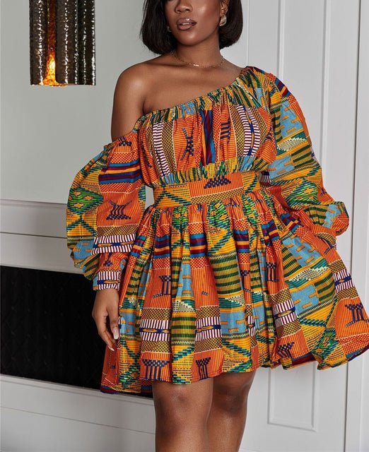 Stylish and Bold: African Shoulder Off Mini Dress with Dashiki Tribal Print - Perfect for Women's Fashion - Free Delivery Worldwide only at Flexi Africa