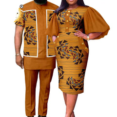 Summer African Couple Outfit – Puff Sleeve Dress for Women with Matching Men’s Bazin Riche Suit - Free Delivery Worldwide only at Flexi Africa