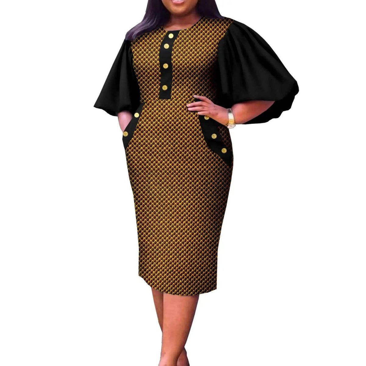 Summer African Couple Outfit – Puff Sleeve Dress for Women with Matching Men’s Bazin Riche Suit - Free Delivery Worldwide only at Flexi Africa