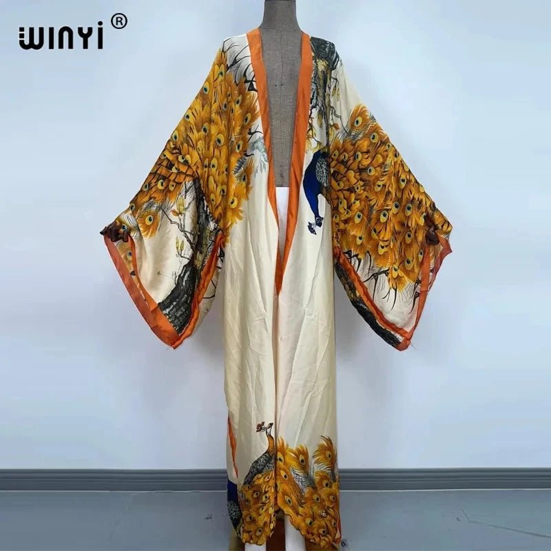 Summer Classic Peacock Print African Women Cardigan – Sexy Boho Maxi Long Sleeve Kaftan Dress - Free Delivery Worldwide only at Flexi Africa