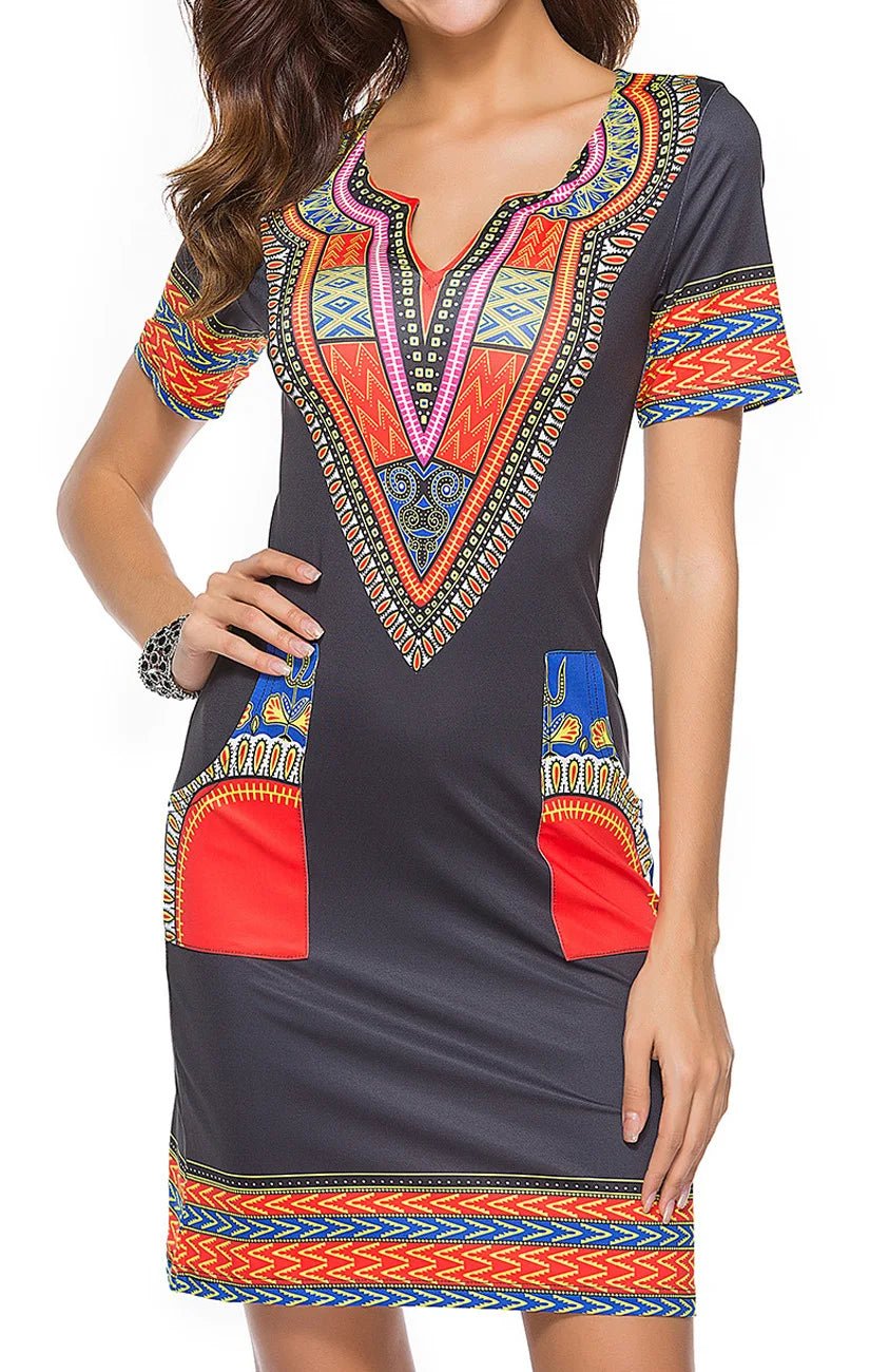 Summer Fashion: African Women's Short Sleeve V-neck Polyester Knee-length Dress - Flexi Africa - www.flexiafrica.com