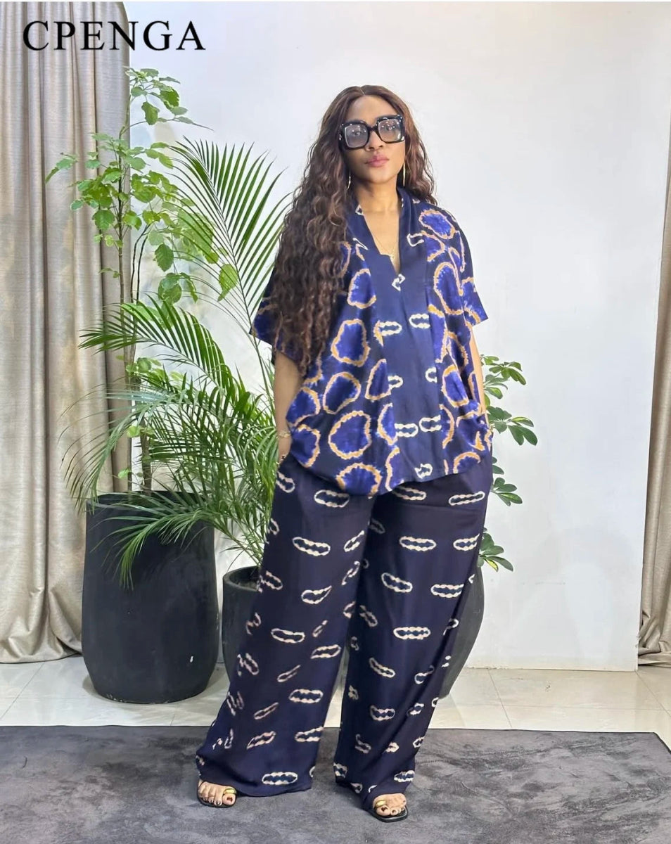 Summer Two Piece Matching African Dashiki Clothes for Women Plus Size Printed Top and Pant Suit 2025 Nigerian Casual Outfit - Free Delivery Worldwide only at Flexi Africa