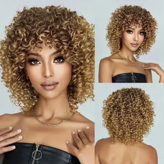 Synthetic Curly Wigs for Women Short Afro Wig Natural Female Mix Brown Hair African American Wig for Ladies Bob Curls