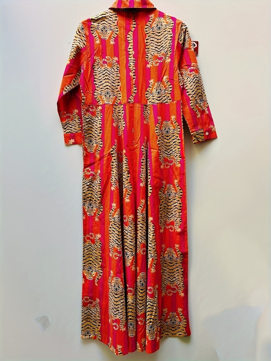 Tiger Print Sleeve Long Dress, Lapel Shirt Dress, Button Closure - Free Delivery Worldwide only at Flexi Africa