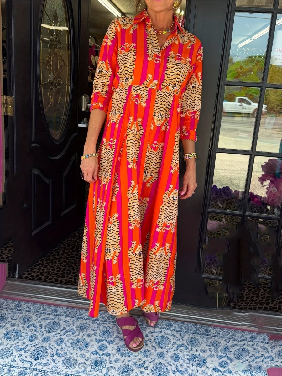 Tiger Print Sleeve Long Dress, Lapel Shirt Dress, Button Closure - Free Delivery Worldwide only at Flexi Africa