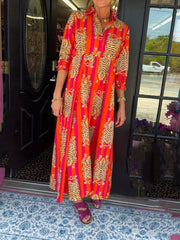 Tiger Print Sleeve Long Dress, Lapel Shirt Dress, Button Closure - Free Delivery Worldwide only at Flexi Africa