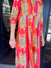 Tiger Print Sleeve Long Dress, Lapel Shirt Dress, Button Closure - Free Delivery Worldwide only at Flexi Africa