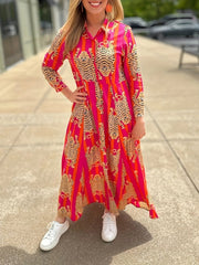 Tiger Print Sleeve Long Dress, Lapel Shirt Dress, Button Closure - Free Delivery Worldwide only at Flexi Africa