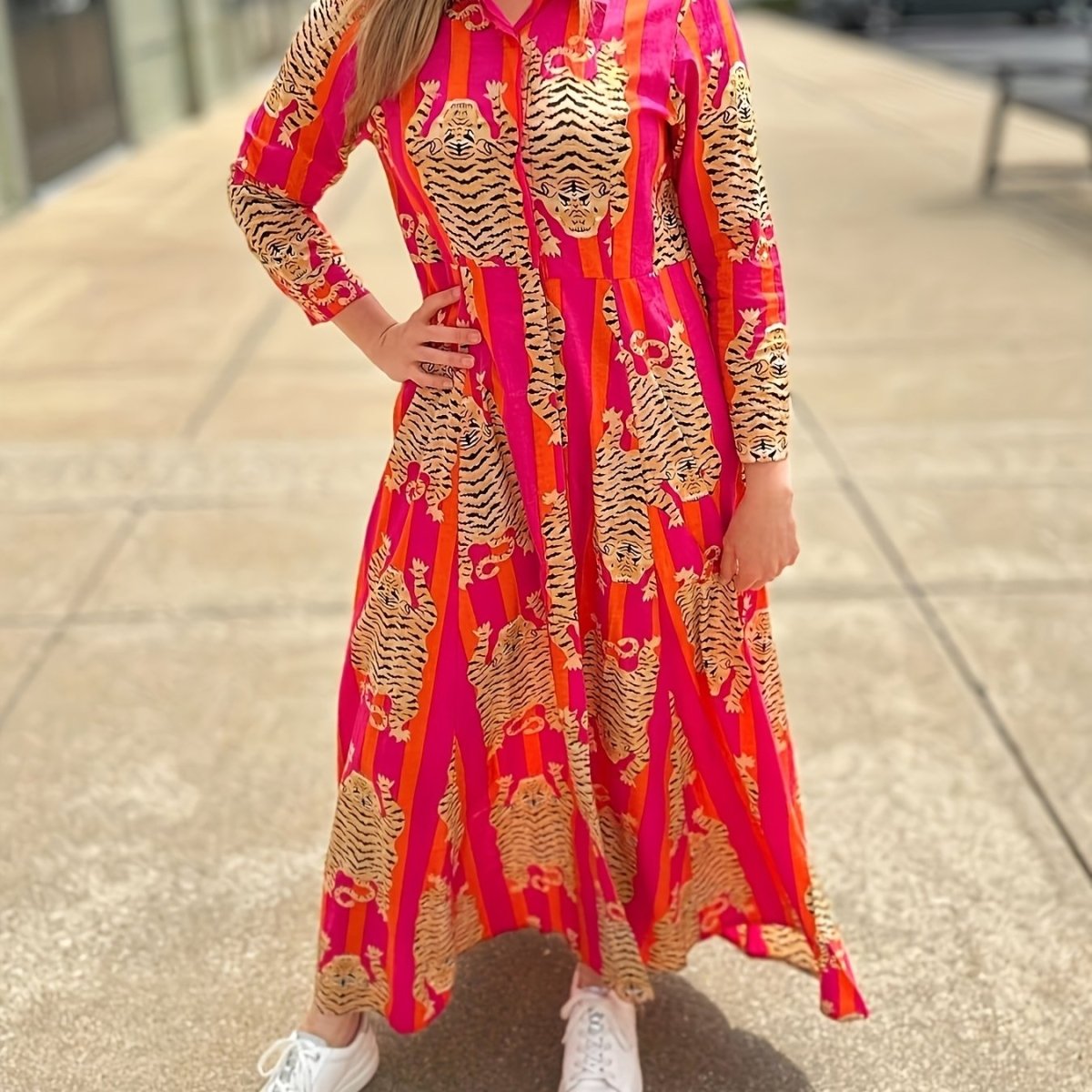 Tiger Print Sleeve Long Dress, Lapel Shirt Dress, Button Closure - Free Delivery Worldwide only at Flexi Africa