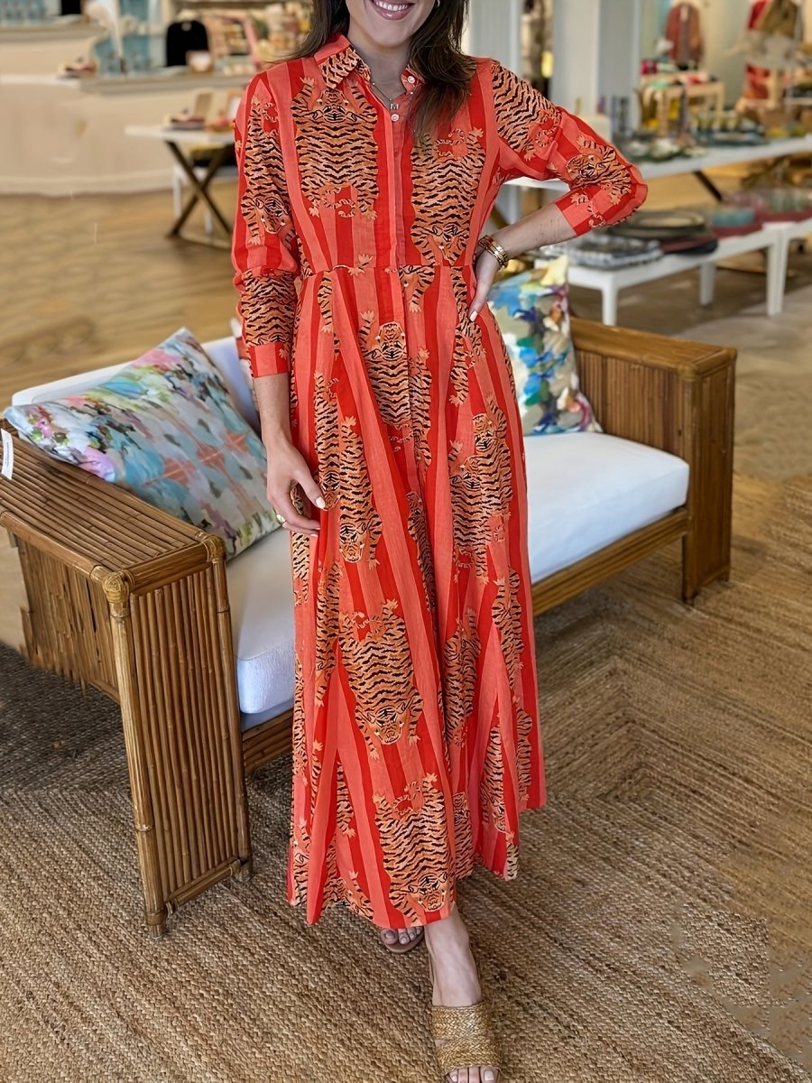 Tiger Print Sleeve Long Dress, Lapel Shirt Dress, Button Closure - Free Delivery Worldwide only at Flexi Africa