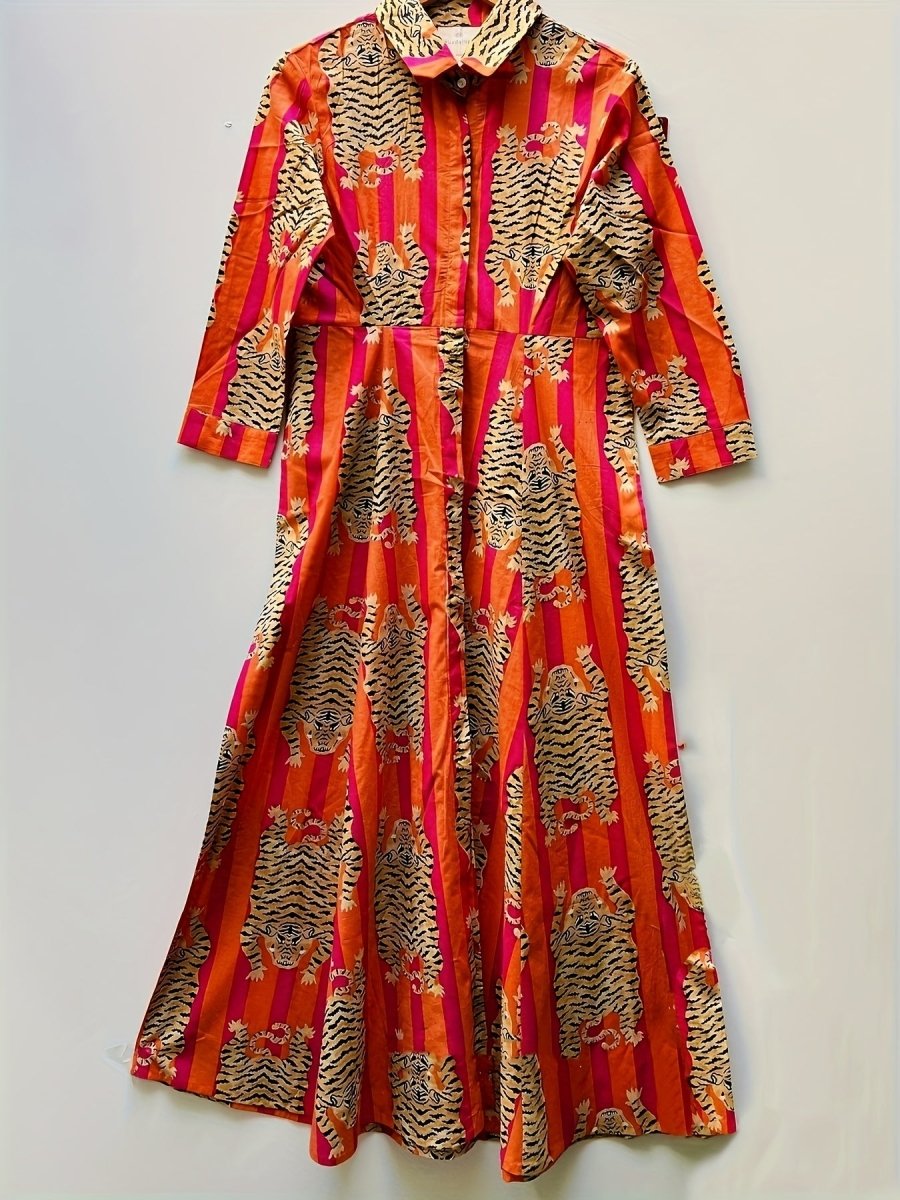 Tiger Print Sleeve Long Dress, Lapel Shirt Dress, Button Closure - Free Delivery Worldwide only at Flexi Africa