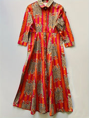 Tiger Print Sleeve Long Dress, Lapel Shirt Dress, Button Closure - Free Delivery Worldwide only at Flexi Africa
