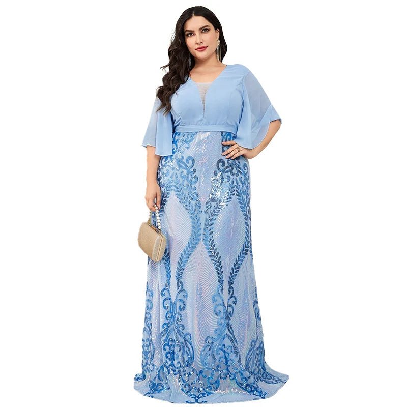 TOLEEN Women Plus Size Maxi Dresses Fashion Luxury Evening piece Elegant sequin lotus sleeve V - neck party ball dress Vestidos - Flexi Africa - Free Delivery Worldwide only at www.flexiafrica.com