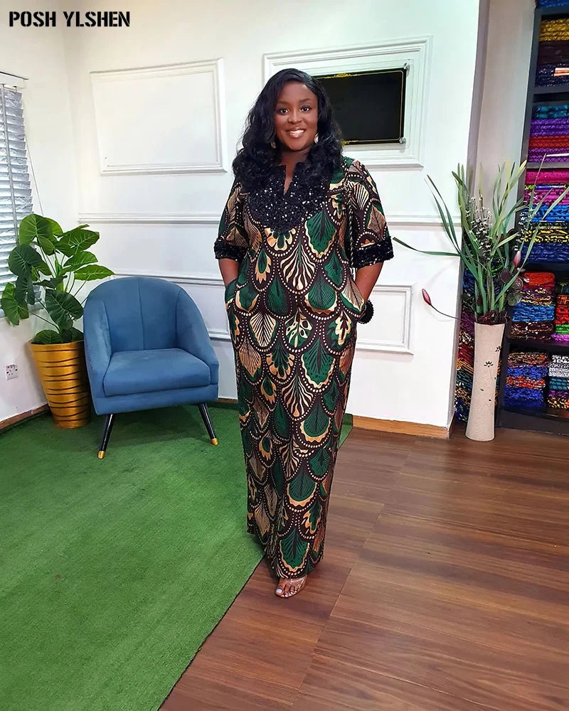 Traditional Nigerian Flower Print Slit Caftan Dress: Elegant African Long Dresses for Women, Robe Femme Clothing - Flexi Africa - Free Delivery Worldwide only at www.flexiafrica.com