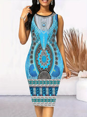Vibrant Graphic Print Crew Neck Tank Dress - Sleeveless Bodycon Fit for a Flattering Silhouette - Flexi Africa - Free Delivery Worldwide only at www.flexiafrica.com