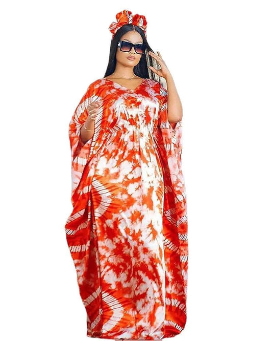 Vibrant Summer Elegance: Purple Orange African Print Dresses for Women - Half Sleeve, V - neck, Polyester - Free Delivery Worldwide only at Flexi Africa