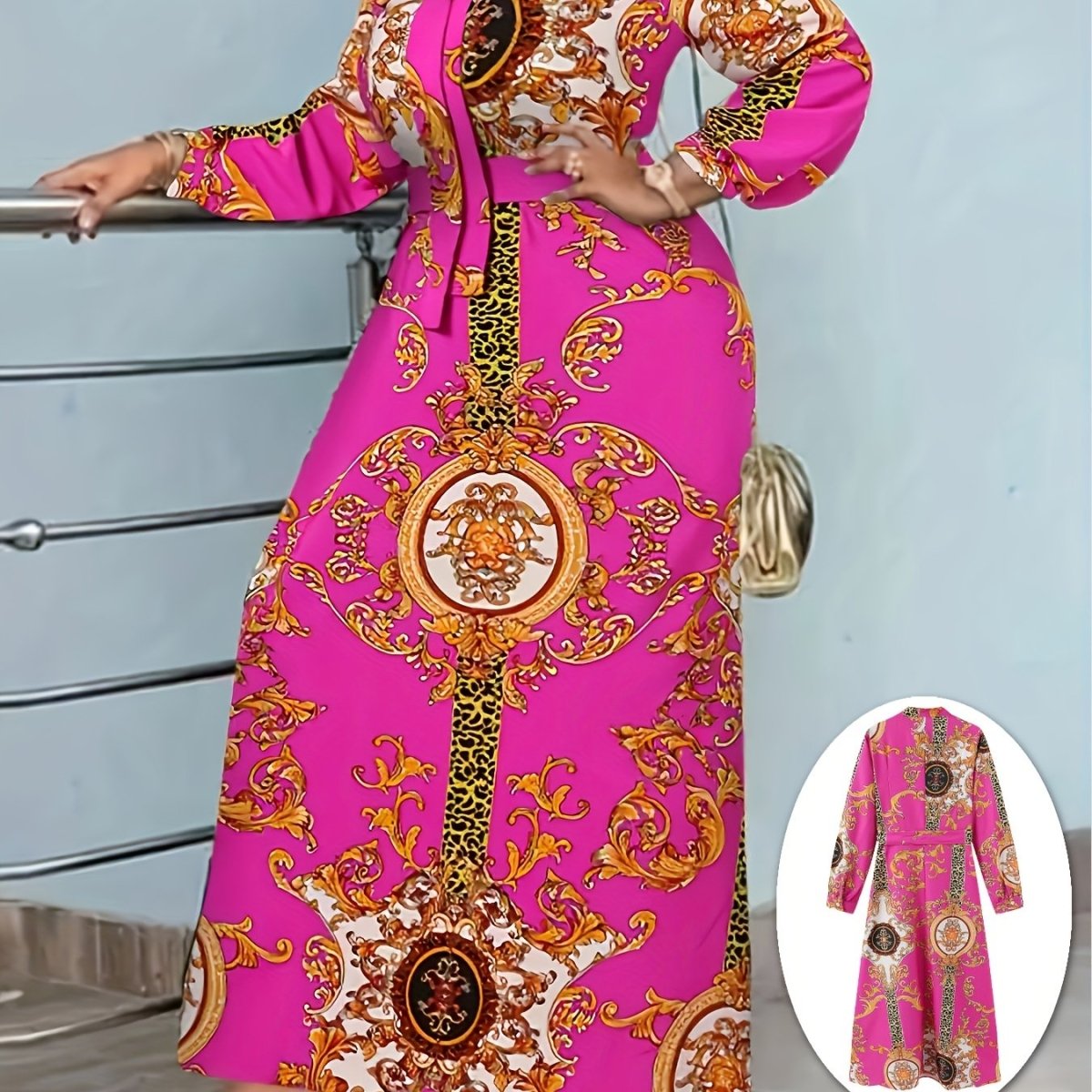 Vintage Bohemian Long Sleeve Maxi Dress - Vibrant Pink - Free Delivery Worldwide only at Flexi Africa