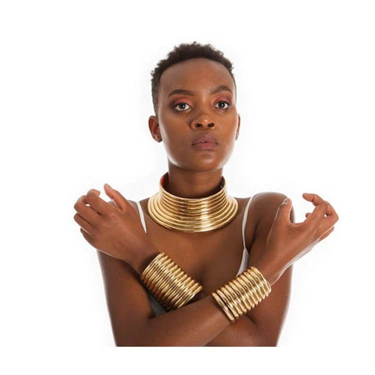 Vintage Gold Statement Choker Necklace Set - Leather African Jewelry with Torques Collar and Maxi Pendant - Free Delivery