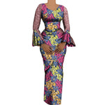 Women's African Outfits 2 Pieces Set Shiny Flare Sleeves V Neck Tops and Long Pencil Skirts African Clothes for Women