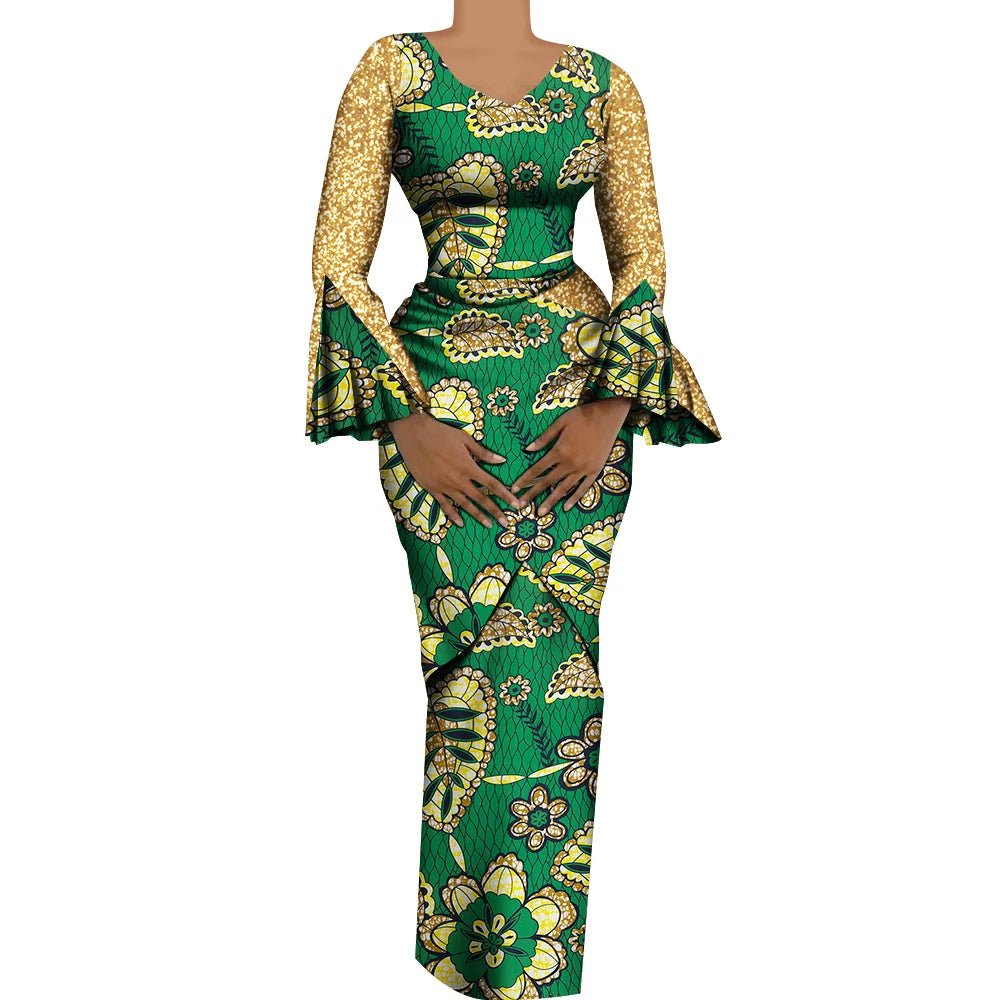 Women African Outfits 2 Pieces Set Shiny Flare Sleeves V Neck Tops and Long Pencil Skirts African Clothes for Women WY9972 - Free Delivery Worldwide only at Flexi Africa