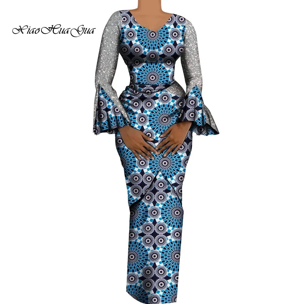 Women African Outfits 2 Pieces Set Shiny Flare Sleeves V Neck Tops and Long Pencil Skirts African Clothes for Women WY9972 - Free Delivery Worldwide only at Flexi Africa