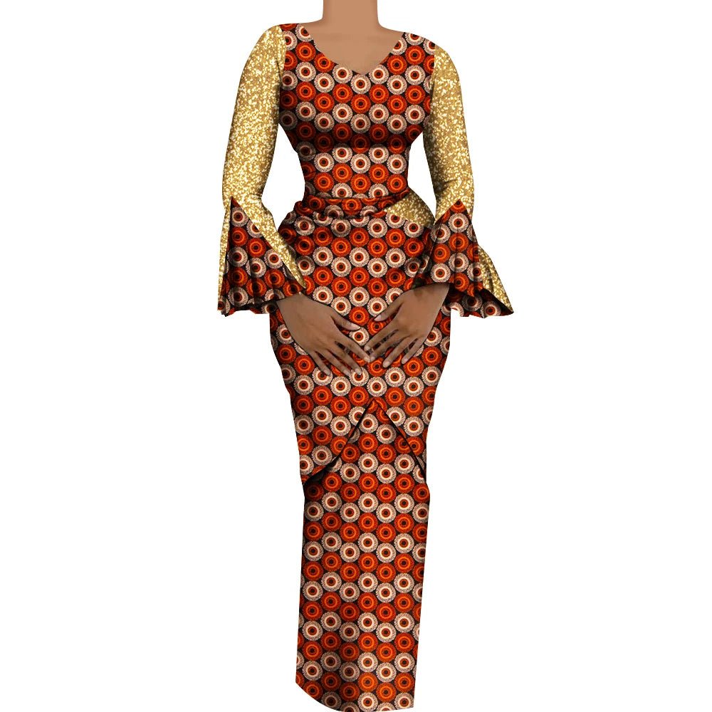 Women African Outfits 2 Pieces Set Shiny Flare Sleeves V Neck Tops and Long Pencil Skirts African Clothes for Women WY9972 - Free Delivery Worldwide only at Flexi Africa