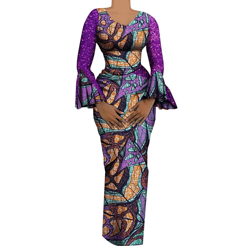 Women African Outfits 2 Pieces Set Shiny Flare Sleeves V Neck Tops and Long Pencil Skirts African Clothes for Women WY9972 - Free Delivery Worldwide only at Flexi Africa